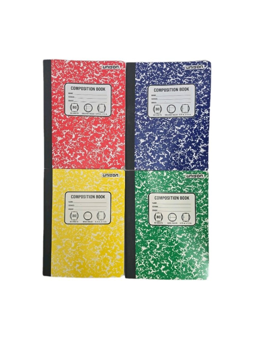 Lot Of 4 New Unison Composition/Notebooks 80 Sheets Wide/College Ruled 4 COLORS